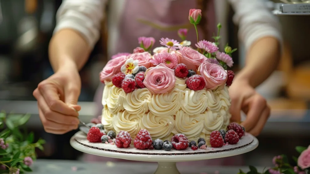 vecteezy_ai-generated-woman-decorating-cake-with-flowers-and-berries1