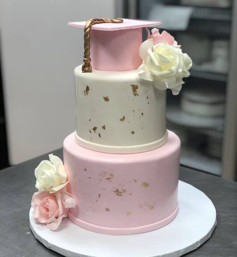 pink color congratulations triple layer cake